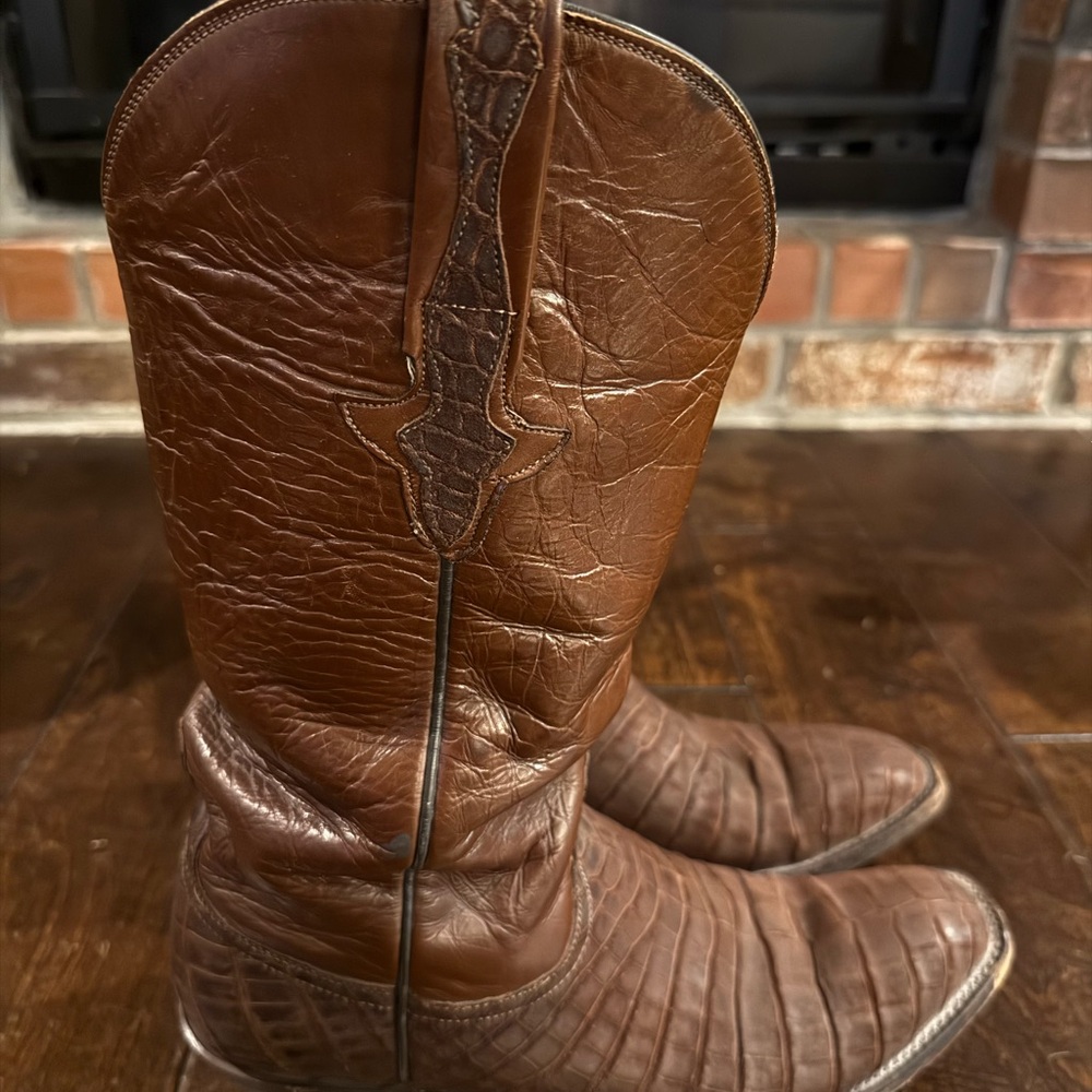 Lucchese Classics Handmade Brown Suede Leather Gator Cowboy Boots